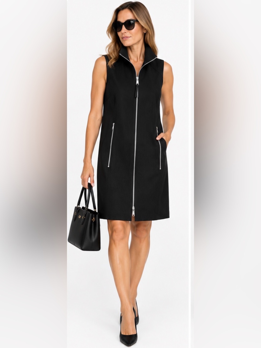 AXARA Paris Black Long Zip Front Vest Tunic Made in France Size L